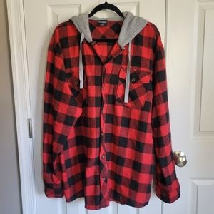Mountain Expeditions buffalo plaid red black flannel with gray hood shacket XXL‎